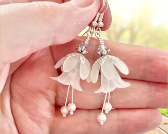 White Snowdrop Earrings, Bohemian Vintage Floral Drop Earrings, Unique Birthday Gift For Her, Fairy Earrings