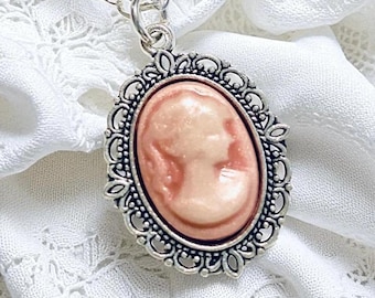 Pink Cameo Necklace, Vintage Lady Cameo, Delicate Silver Cameo Pendant, Romantic Birthday Gift For Wife