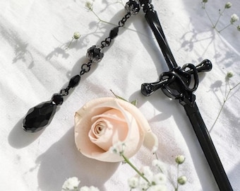 Zakładka do książki Czarny Miecz, zakładka do książki Whimsigoth Gothic Fantasy z koralikowym łańcuszkiem, elficki dodatek do książki cosplay, prezent dla miłośników książek