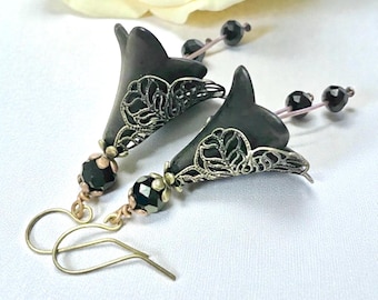Black Gothic Earrings With Black Crystals, Dark Academia Fairy Earrings, Gothic Statement Earrings, Birthday Gift For Girlfriend