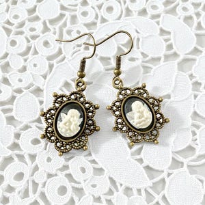 Vintage Style Angel Cameo Earrings, Victorian Style Cherub Cameos, Brass Lever Back Cameo Earrings, Bridgerton, Pride And Prejudice Inspired