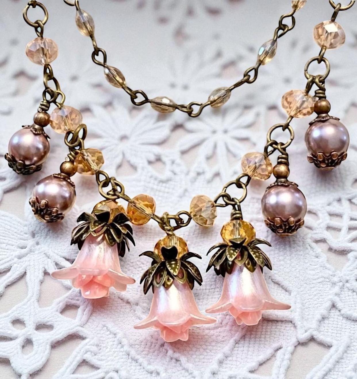 Collier Fantaisie Vintage - Perles Roses, Longueur 44 Cm - Occasion