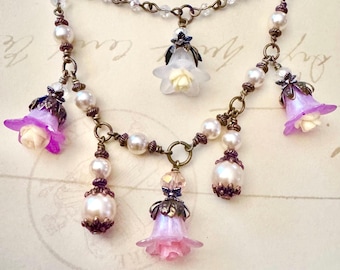 Pink Floral Pearl Necklace, Crystal And Flower Necklace, Vintage Floral Pink Necklace, Cosplay Pink Necklace, Elegant Floral Rose Necklace
