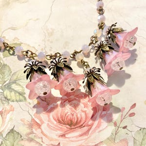 Pink Flower Necklace, Rose Quartz Flower Pendant Necklace, Antique Style Floral Necklace, Victorian Floral Necklace