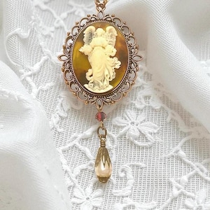 Gothic Angel Cameo Necklace: Victorian Bronze Pendant, Bridal Jewellery