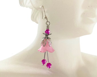 Fuchsia Crystal Flower Earrings, Pink Fairy Earrings, Pink Floral Earrings, Romantic Gift For Her, Birthday Gift For Daughter