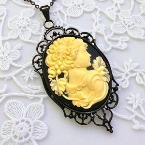 Vintage Style Black Cameo Necklace On Black Chain, Gothic Romantic Pendant, Vintage Lady Large Cameo, Black Necklace, Victorian Cameo
