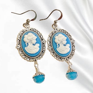 Victorian Blue Cameo Earrings: Silver Gothic Bridal Jewellery