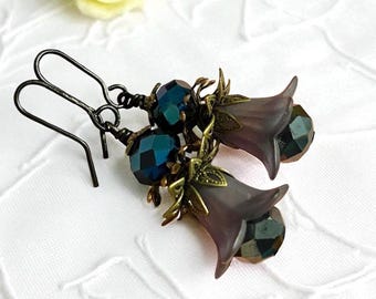Black Crystal Earrings, All Black Earrings Iridescent Black Flower Earrings, Dark Academia Gift, Gift For Goth, Gift Gor Granddaughter