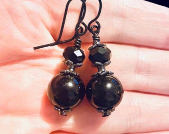 Black Crystal Drop Earrings, Black Bead Earrings, Statement Earrings Black, Gothic Dangle Earrings, Witchy Earrings