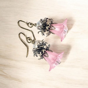Iridescent Pink Flower Earrings, Vintage Dangle Earrings, Pink Tulip Earrings, Pink Snowdrop Earrings, Pearlescent Earrings