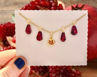 Pomegranate Charm Necklace: Gold Stainless Steel Chain, Red Crystal Accent