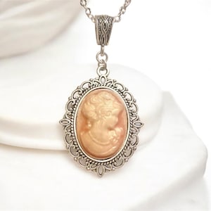 Gothic Victorian Rose Cameo Necklace: Silver Plated Pendant