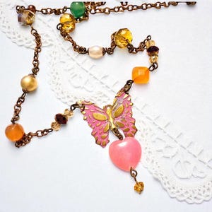 Vintage Butterfly Pendant Necklace, Handmade Brass Butterfly Necklace, Pink Quartz & Agate Gemstone Beaded Chain