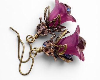 Brincos de flor roxa, presente romântico para ela, brincos florais em estilo vintage, presente de aniversário para namorada, presente para madrinhas, presente para mãe