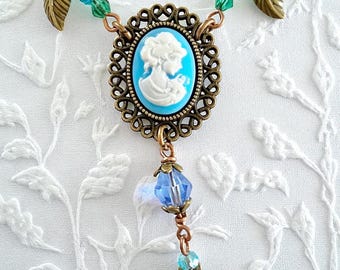 Pale Blue Cameo Necklace, Vintage Style Beaded Chain, Antique Bronze Pendant