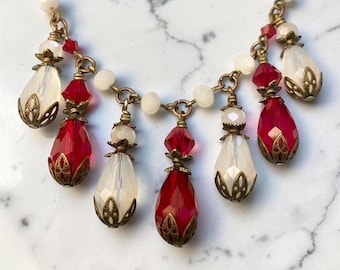 Conjunto de joyas de cristal rojo, conjunto de joyas nupciales de ópalo, collar de lágrima de estilo vintage, regalo de aniversario, regalo para mamá, regalo para esposa.