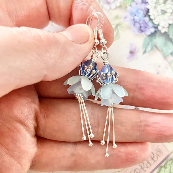 Aquamarine Flower Earrings, Birthday Gift For Best Friend, Crystal Fairy Flower Earrings, Sky Blue Drop Earrings, Pale Blue Fairy Earrings
