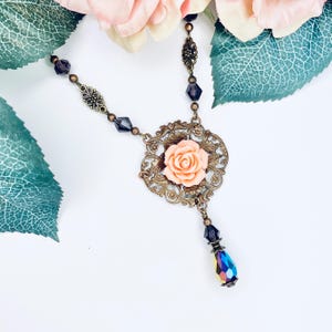 Vintage Style Rose Necklace With Droplet, Ornate Victorian Rose Filigree Necklace, Antique Style Flower Pendant Necklace, Romantic Necklace