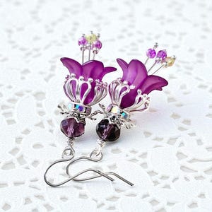Purple Flower Earrings, Antique Silver Earrings, Vintage Floral Earrings, Handmade Crystal Earrings, Gifts For Her