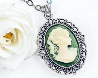 Green Cameo Necklace, Vintage Lady Cameo, Sage Green And Silver Cameo, Bridesmaids Necklaces, Regency Cameo