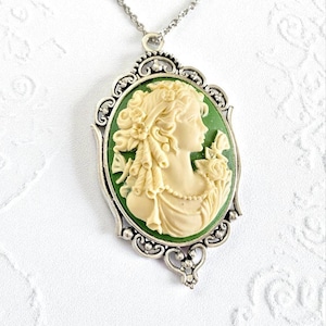Vintage Lady Cameo Pendant, Victorian Style Green Cameo Necklace, Handmade Bronze Silver Cameo, Historical Style Necklace, Bridgerton