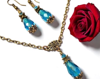 Blue Crystal Teardrop Necklace Earrings Set, Flower Anniversary Gift For Her, Romantic Gift