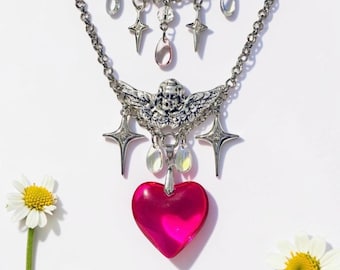 Collar Corazón Rosa, Collar con Amuleto Celestial, Collar con Colgante de Cristal, Collar Ángel Plateado, Collar Fairycore