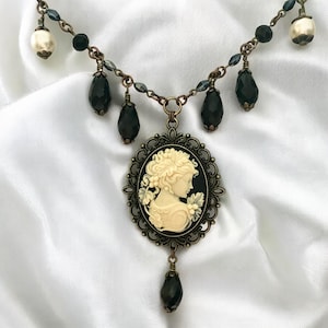Victorian Lady Cameo Necklace: Crystal Beaded Portrait Pendant