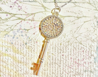 Secret Garden Key Necklace, Cottagecore Key, Whimsical Fairycore Necklace, Crystal Key Necklace, Skeleton Key Necklace