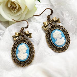 Blue Cameo Earrings, Vintage Lady Cameo Earrings, Ornate Cameo Earrings With Victorian Lady, Antique Style Bronze Cameo Dangle Earrings