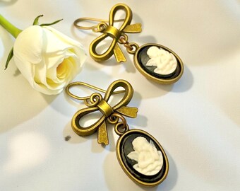 Piccoli orecchini con cammeo in stile vintage, gioiello in stile vittoriano, orecchini pendenti con cammeo in stile vintage, gocce con cammeo nero