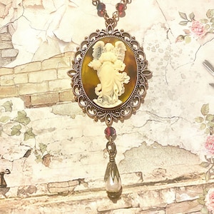Vintage Lady Cameo Necklace, Art Nouveau Angel Necklace, Victorian Angel Necklace, Victorian Bridal Jewellery, Goth Gift