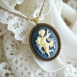Vintage Angel Cameo Pendant, Victorian Style Blue White Necklace, Handmade Art Nouveau Cameo Pendant, Historical Style Necklace, Bridgerton