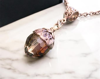 Floral Necklace, Acorn Floral Necklace, Fairycore Necklace, Gift For Her, Nature Lover Gift, Crystal Drop Necklace, Gift For Mum