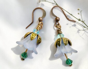 Pendientes de flores azules con cristales Swarovski color verde azulado, joyería de hadas de latón