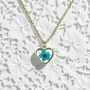 Tiny Forget Me Not Flower Necklace, Silver Heart Pendant With Tiny Forget Me Nots, Blue Floral Pendant Necklace, Bridal Necklace