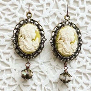 Victorian Lady Cameo Earrings: Bronze & Crystal, Art Nouveau Style