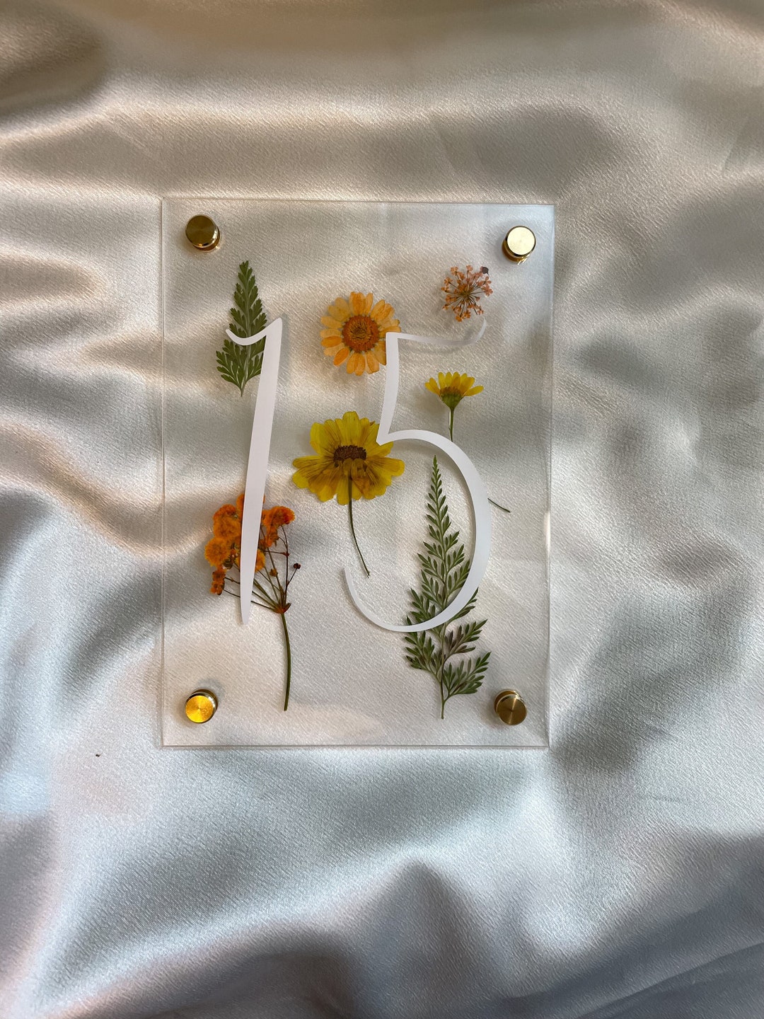 Yellow and Orange Pressed Flowers Table Numbers Acrylic Table Numbers