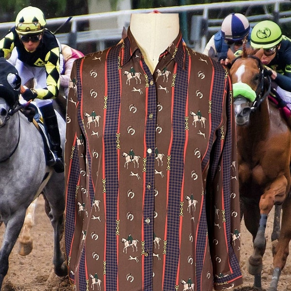 Horse lovers blouse with cute print 90s has a Gucci vibe to it /silky polyester/ size: small great condition equestrian vibe!