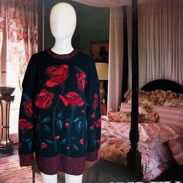 Sweter z wełny Laury Ashley z lat 80. z motywem róż / gruby splot / rozmiar: XL / delikatnie noszony / unikatowy egzemplarz kolekcjonerski / starannie wykonany