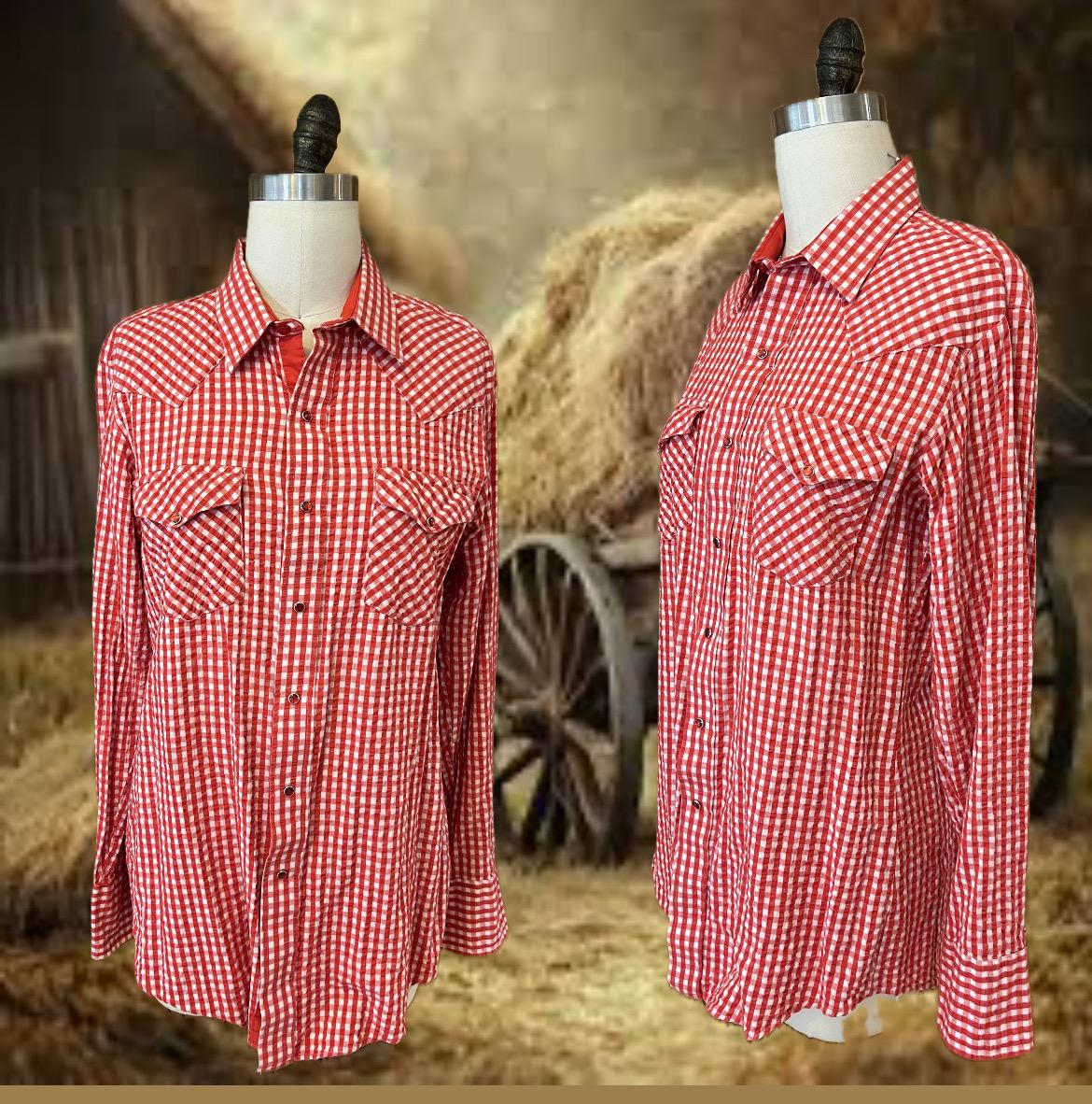 80s Temtex Red Gingham Western Shirt With Red Pearl Snap Buttons