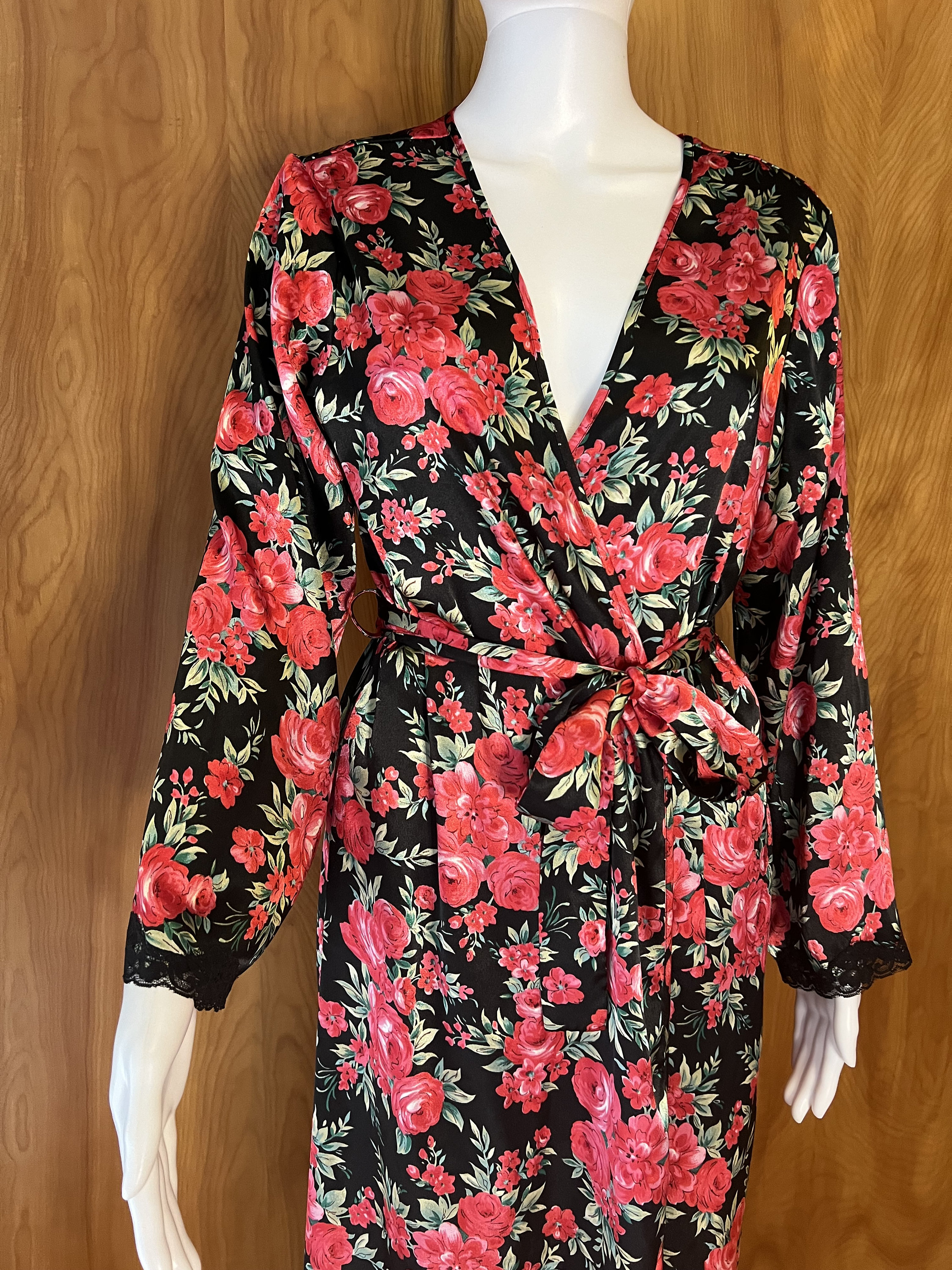 90s Romatic Silk Rose Robe With Lace Trim Can Be Worn as a Dress Too!no ...