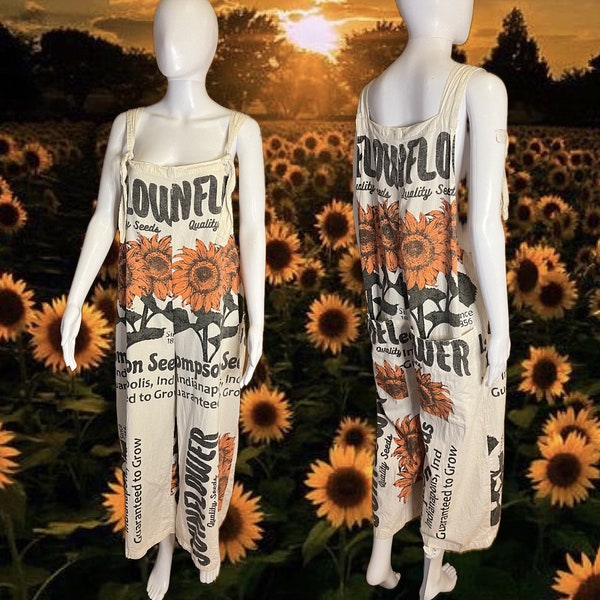 1998 Junk shop Novelty overalls with Sun Flower seed  print /100% Cotton /gently worn/ size: M/L can be worn oversized. perfect lounge wear