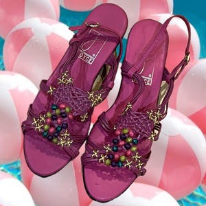 80s Joyce strappy wedge sandals with baubles and gold details /bright pink color / size: vintage 8.5/ gently worn / rubber sole wedge