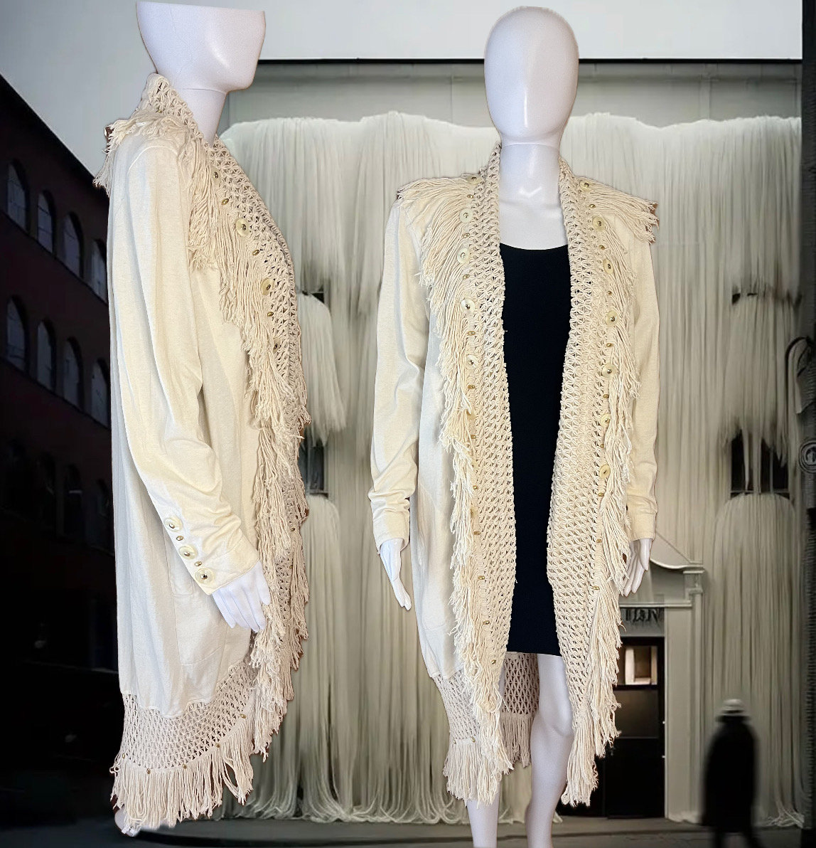 90er Jahre Boho Chic Baumwoll Makramee Fransen Jacke von Risky mit tollen Knöpfen so ein tolles Statement Stück / sanft getragen / Größe:Medium