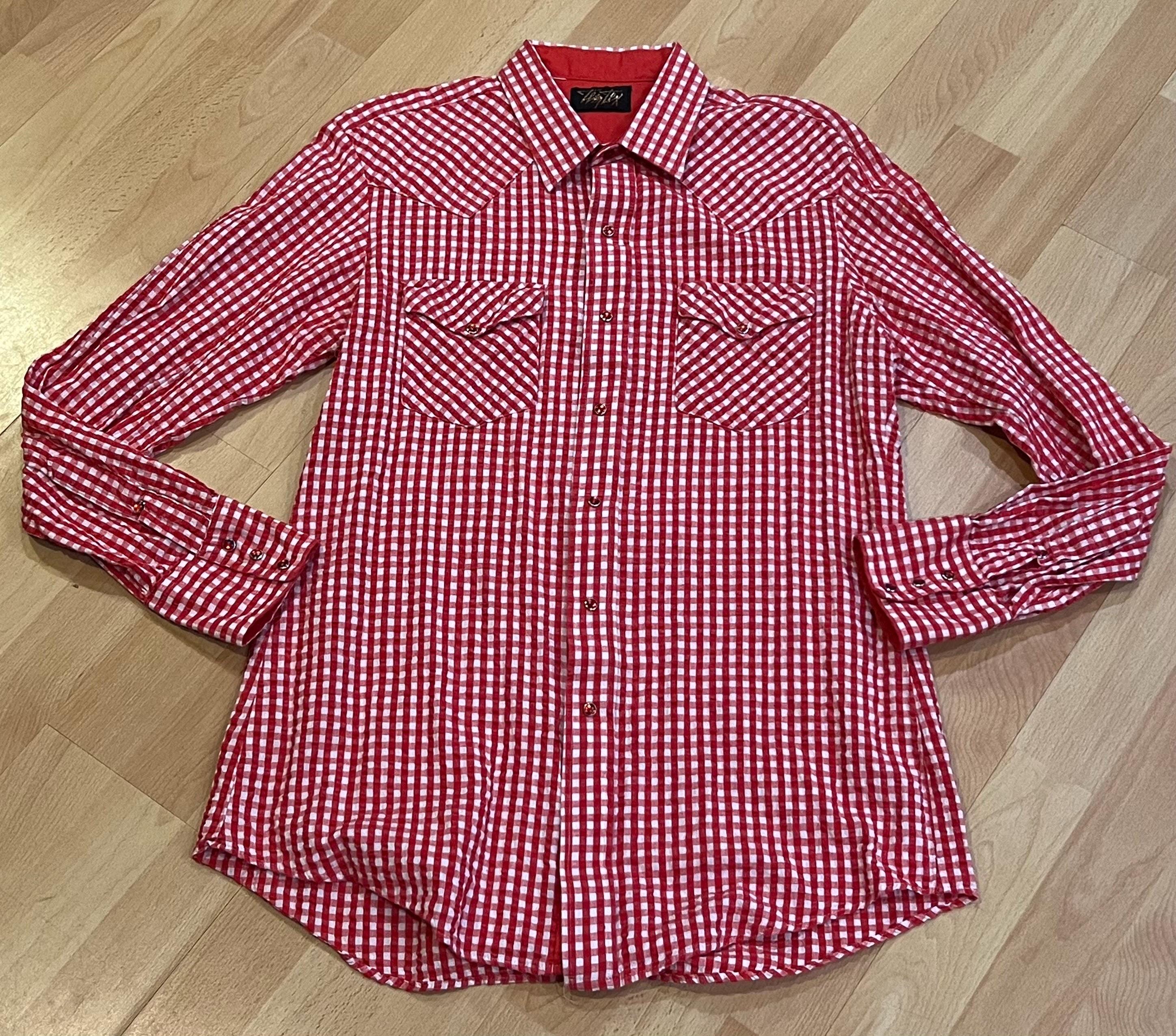 80s Temtex Red Gingham Western Shirt With Red Pearl Snap Buttons