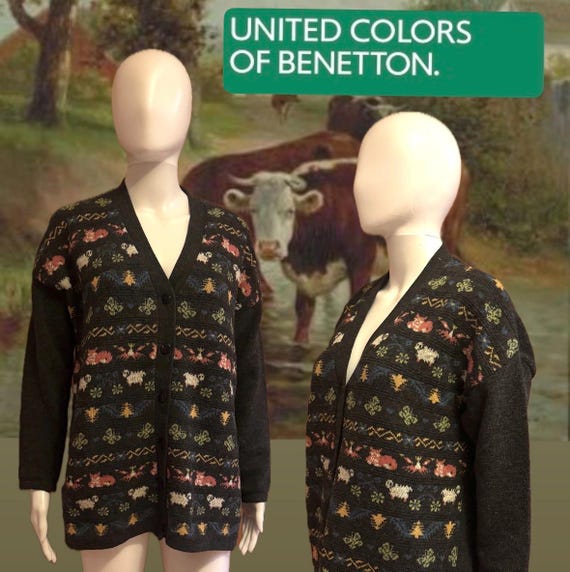 Benetton, 80s 90s Benetton Woodland Animal Cardigan • Italian Wool Blend • Oversized Medium • Snow White Had Excellent Knitwear