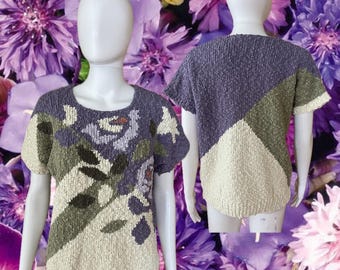 80’s knit floral bouquet abstract novelty top / great color combination/ cotton knit / size: Medium/ gently worn