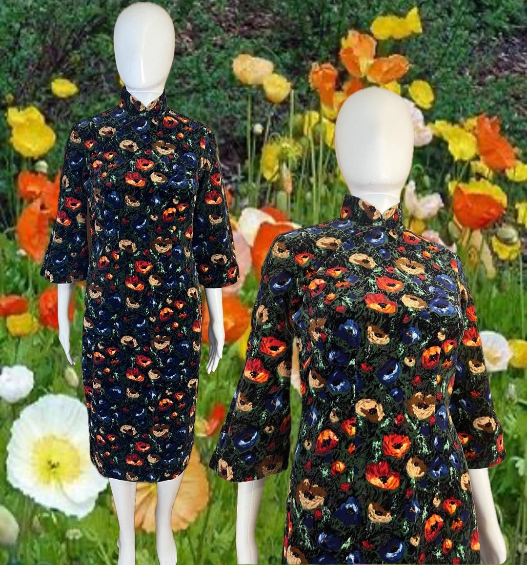 60s Velvet Poppy Asian Inspired Dress With Bell Sleeves / Stunning